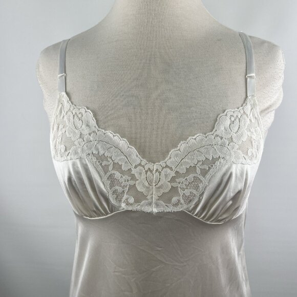Vassarette 36 White Lace Nylon Slip Nightgown Vtg 80s 90s 10-105 USA Adjustable - Picture 2 of 7